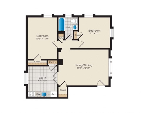 Floor plan for 2 beds, 1 bath, 731 sqft